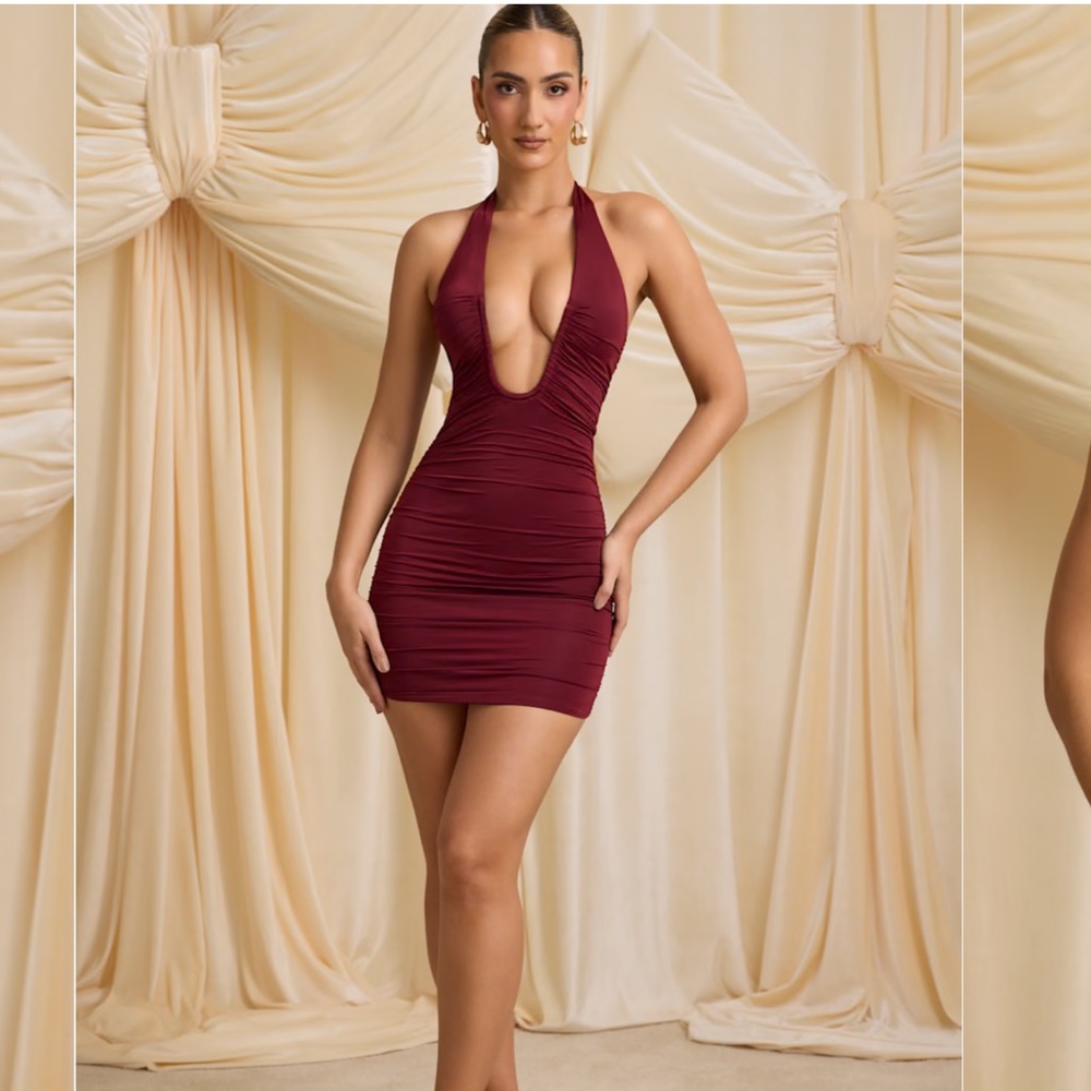 Oh Polly - Sofija Slinky Jersey Ruched Halterneck Mini Dress in Wine Red